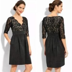 Eliza J Faille V Neck Scalloped Lace Mini Dress 3/4 Sleeve Fit and Flare Black